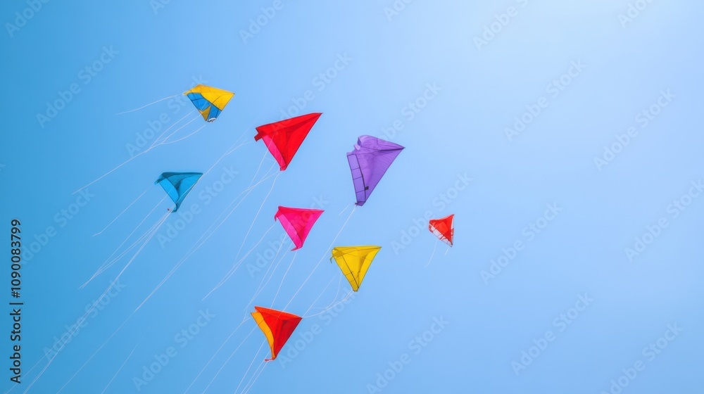 Poster A diverse range of colorful kites flying in the sky, Symbolizing the freedom and joy of diverse expressions, minimalist composition