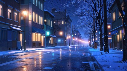 Illustration of quiet snow covered street at night, glowing streetlights, and falling snowflakes in...