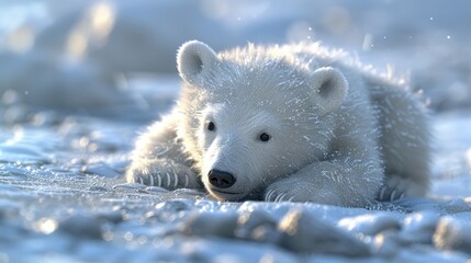Naklejka premium Adorable polar bear cub resting on snowy ground.
