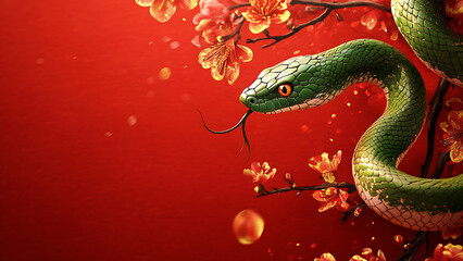 Obraz premium A green snake is near orange blossoms on a red background.
