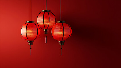Obraz premium Three red lanterns hang from a red wall.