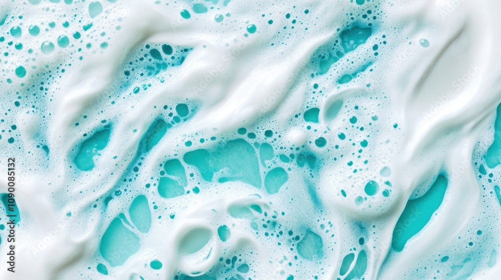 Poster close-up of frothy white bubbles on a turquoise surface, resembling soap or foam.