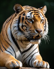 Obraz premium A tiger's face is captured in a close-up shot, showcasing its striking orange and black stripes, piercing yellow eyes, and open mouth.