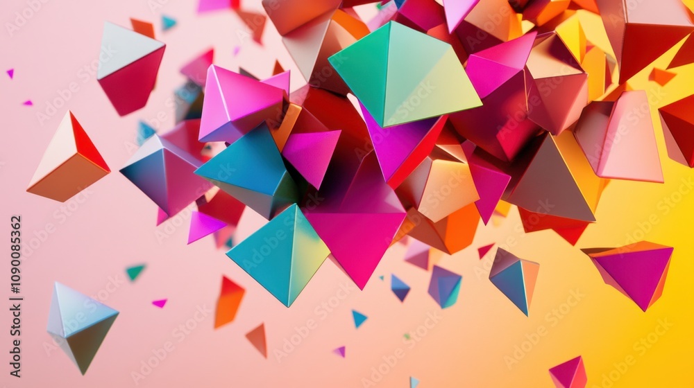 Poster a dynamic arrangement of scattered, vibrant polygons forming an abstract, cohesive shape