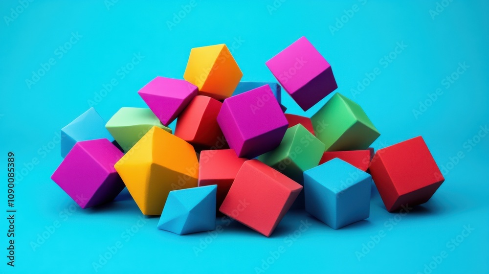 Poster a dynamic arrangement of scattered, vibrant polygons forming an abstract, cohesive shape
