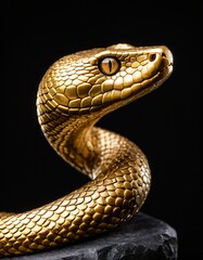 Obraz premium A golden snake with a yellow eye and black mouth is coiled on a black rock, set against a black background.