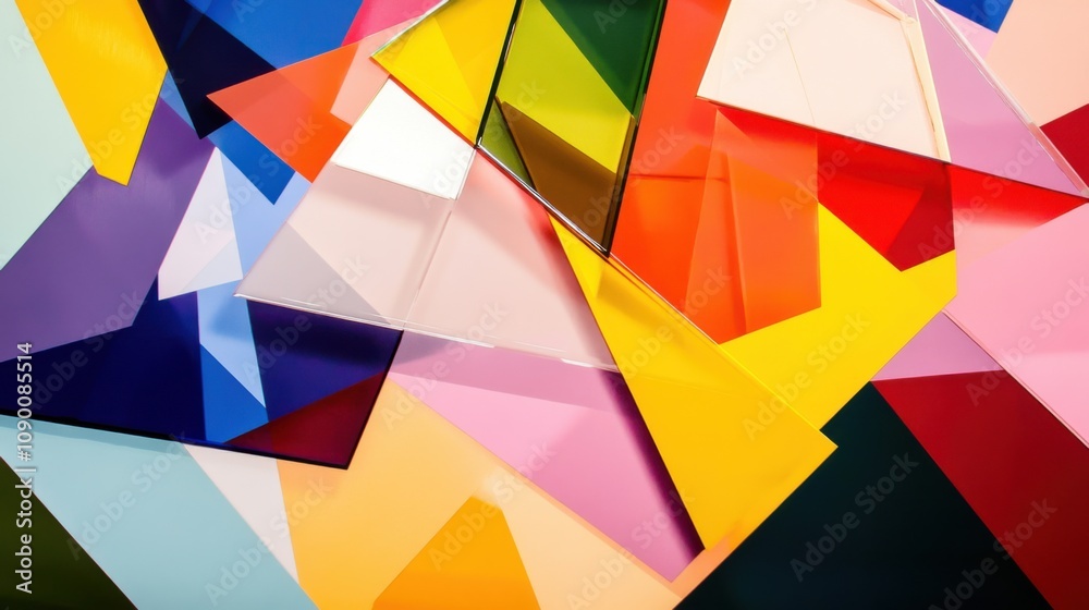 Poster A dynamic collage of fragmented geometric shapes in various colors, Symbolizing the multifaceted nature of diverse identities coming together, photography style