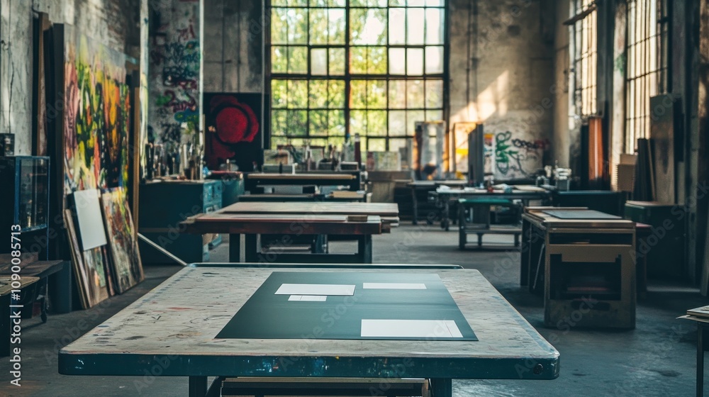 Poster A spacious art studio with tables and natural light, ideal for creative work.
