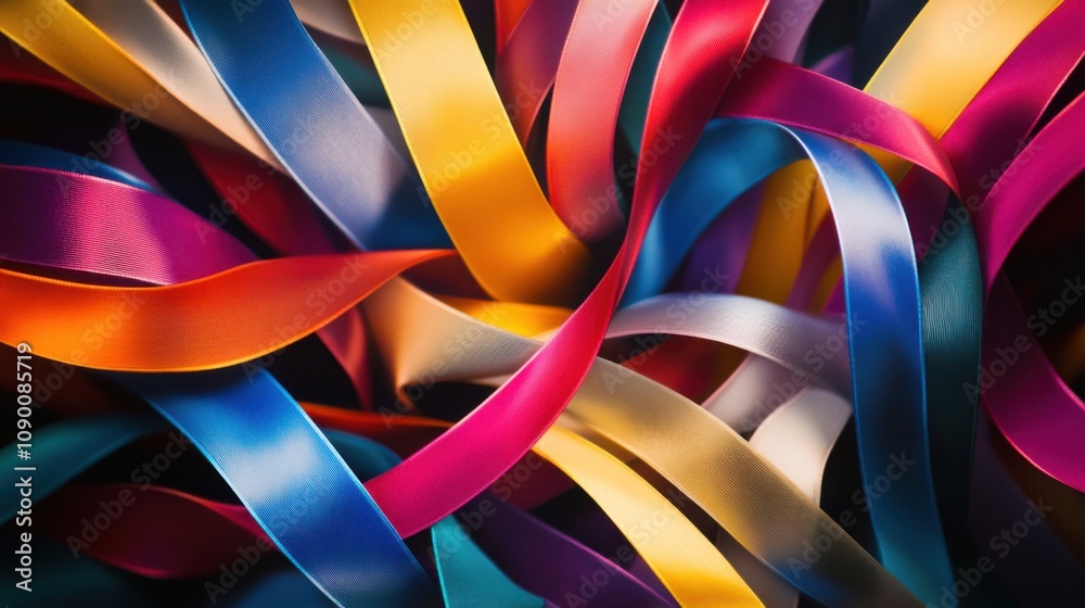 Poster A dynamic composition of swirling, multicolored ribbons intertwining and overlapping, Symbolizing the dynamic interaction and blending of different perspectives