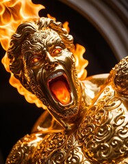 A golden statue of a man with a fiery face, open mouth, and flames emanating from his head, set against a dark background.