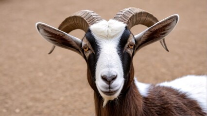 Obraz premium A close-up portrait of a goat with brown and white fur, large horns, and a white face, looking directly at the camera.