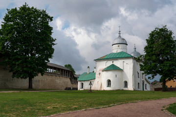 View of the St. Nicholas (Nikolsky) Cathedral on the territory of the Izborsk fortress (XIV-XVII centuries) on a sunny summer day, Stary Izborsk, Pskov region, Russia