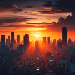 Fototapeta premium Sunset over an urban skyline with high-rise buildings silhouetted against the sky
