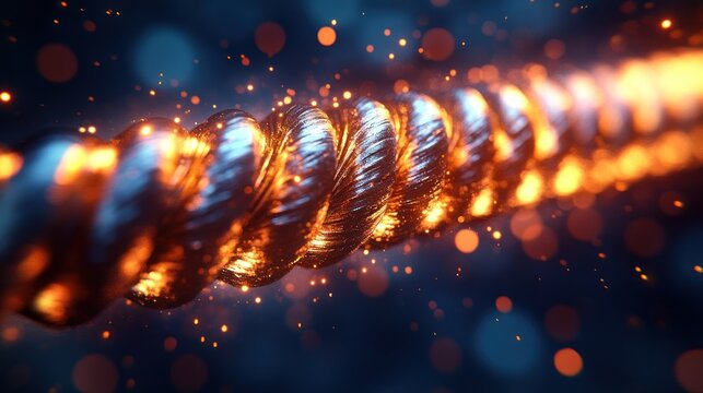 Glowing spiral metallic cable with sparks.