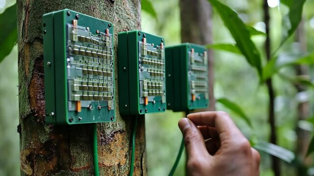 Technician installs data loggers on rainforest trees for environmental monitoring