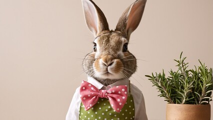 A rabbit in a white shirt, green apron, pink bow tie, and pink polka dot bow tie stands next to a potted plant, looking directly at the camera.