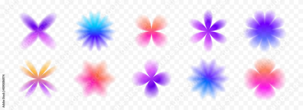 Poster colorful smooth blurred gradient flower set. bright blurry aura shape collection. fading abstract el