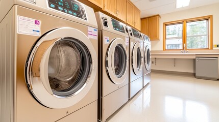 Efficient laundry room for public use, eco-cycle washers in soft pastel colors, digital time displays, accessible design, and organized layout