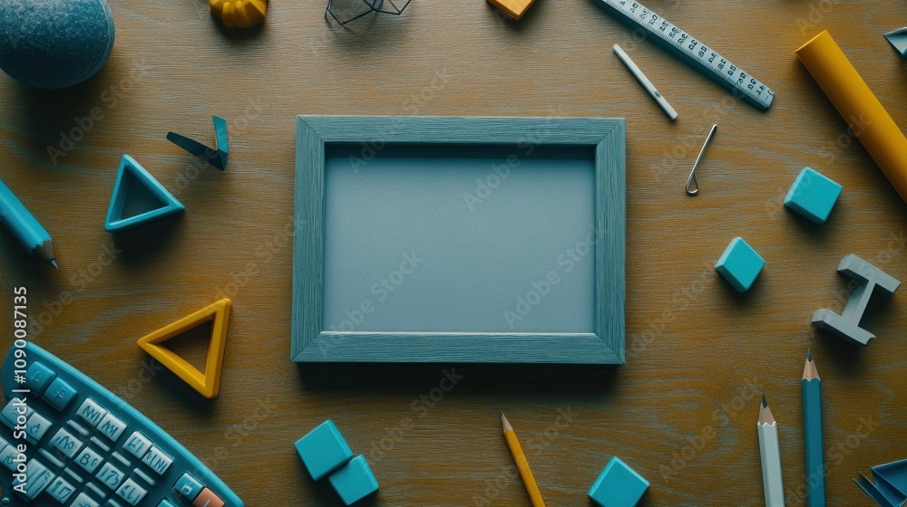 Poster a workspace scene with a picture frame surrounded by colorful geometric shapes and tools.