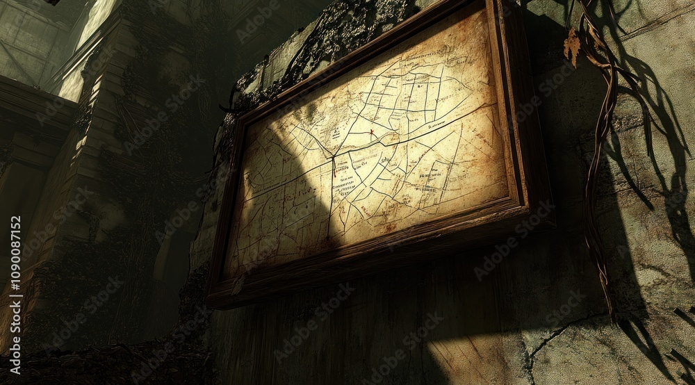 Poster An aged map displayed on a wall, surrounded by nature's encroachment in a dimly lit space.