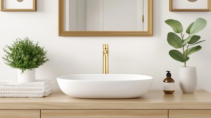 Fototapeta premium Elegant apartment bathroom, natural wood-veneer vanity, white basin, soft under-cabinet lighting, plant accents, abstract art frames for a homey touch