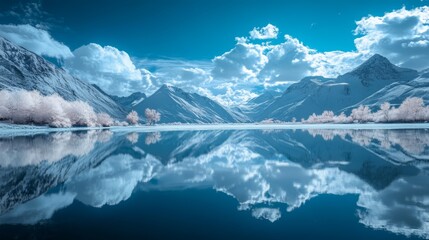 Fototapeta premium Serene mountain lake reflecting sky and clouds.