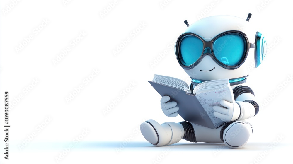 Poster A cute robot character reading a book, promoting learning and curiosity.