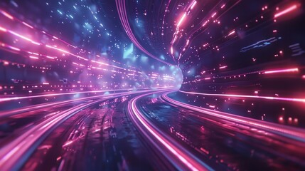 Obraz premium Futuristic neon tunnel with glowing pink and blue light trails.