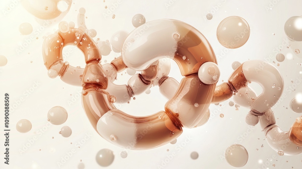 Poster abstract representation of interconnected shapes and bubbles, suggesting molecular or chemical theme
