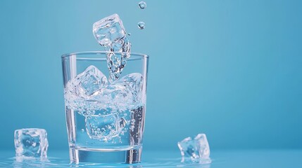 Glass of cool water overflowing, ice cubes in motion, crisp blue background