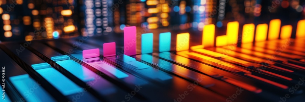 Poster A vibrant audio mixing console with colorful sound level indicators.