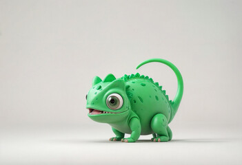 Fototapeta premium A cartoon green chameleon, bulging eyes, surprised expression, mischievous look, full body, lying on the ground, raising its little legs - generated by ai