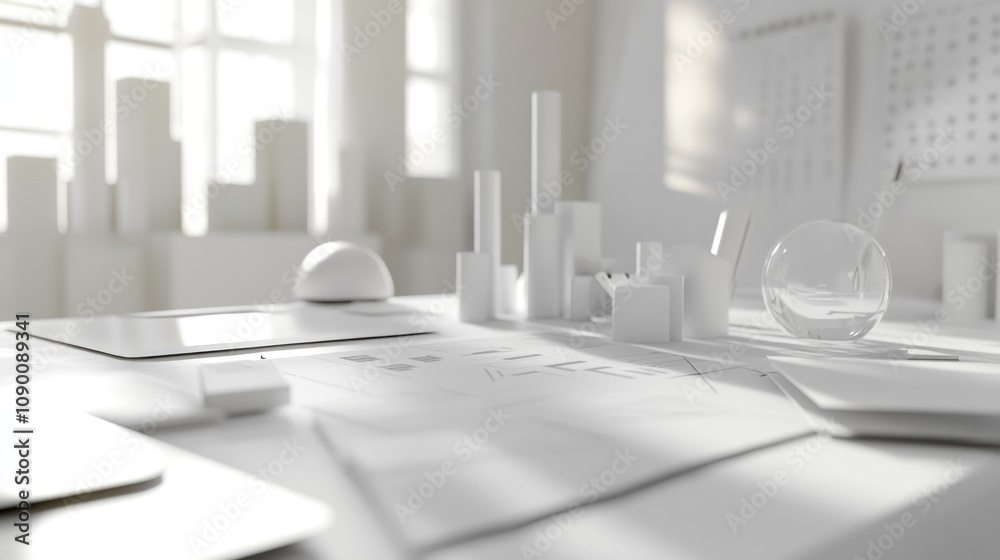 Poster A minimalistic workspace featuring white architectural models and design materials.