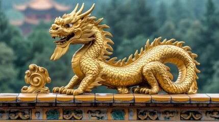 Obraz premium Golden dragon statue on a wall.