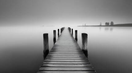 Obraz premium Solitary wooden pier extending into misty lake.