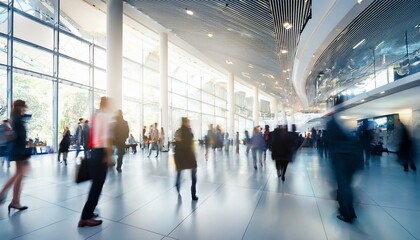 An abstract blur of people at an exhibition hall during a trade show or expo event. The scene depicts a business convention or job fair, serving as a dynamic backdrop for a business-related concept.