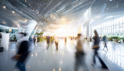 An abstract blur of people at an exhibition hall during a trade show or expo event. The scene depicts a business convention or job fair, serving as a dynamic backdrop for a business-related concept.