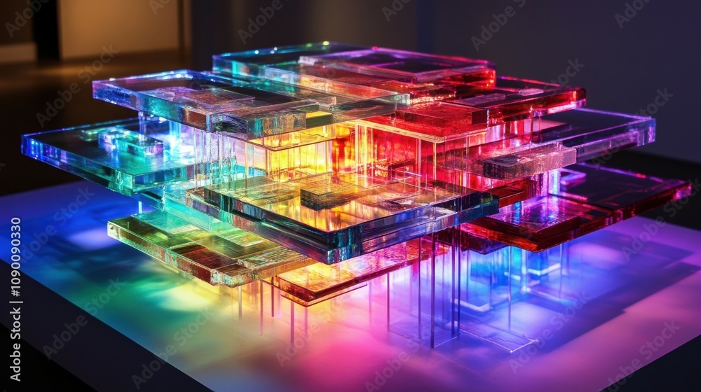 Poster abstract multicolored sculpture of transparent layers with illuminated base displayed in contemporar