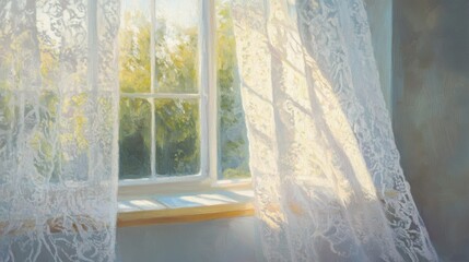 Serene Morning Light Filtering Through Delicate Lace Curtains in a Cozy Room Setting with Soft Natural Colors and a Touch of Tranquility