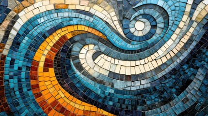 Fototapeta premium Colorful Mosaic Art Featuring Swirling Patterns of Blue, Orange, and Yellow Tiles Creating a Vibrant and Artistic Design for Interior Decoration and Wall Art