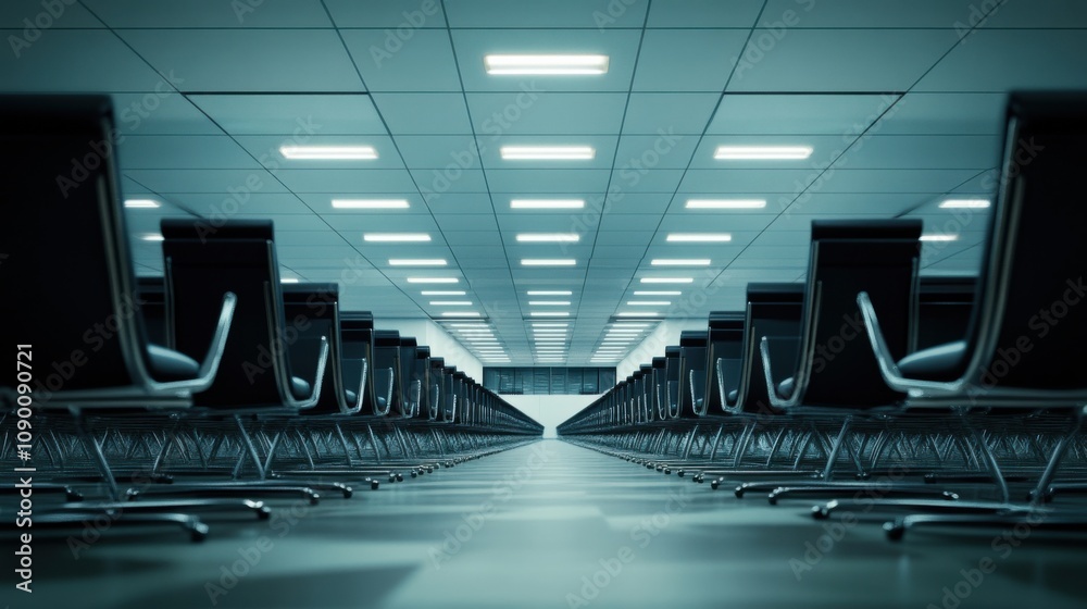 Aufkleber a labyrinth of bureaucratic corridors lined with rows of empty chairs and dimly lit by flickering fl