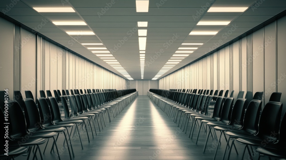 Poster A labyrinth of bureaucratic corridors lined with rows of empty chairs and dimly lit by flickering fluorescent lights, Reflecting the frustration of administrative inefficiency, photography style