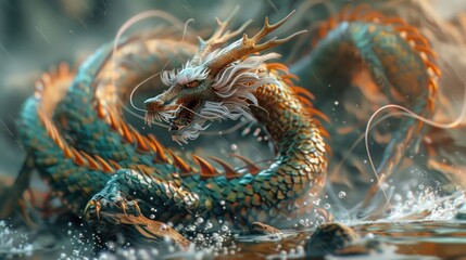 Fototapeta premium A majestic dragon emerges from water, showcasing intricate scales.