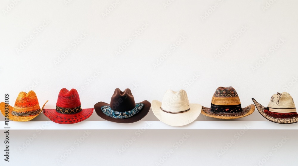Poster a line of varied cultural hats on a shelf, representing the diversity of global identities and herit