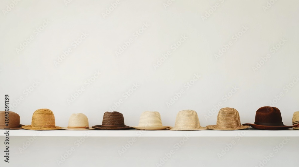 Poster a line of varied cultural hats on a shelf, representing the diversity of global identities and herit
