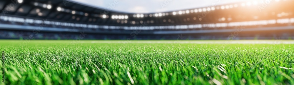 Poster A close-up view of a lush green soccer field inside a stadium.
