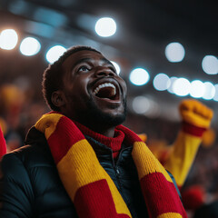 A vibrant image of a joyful African fan in a stadium, showing excitement and enthusiasm during a live sports event. The atmosphere is lively and filled with energy.