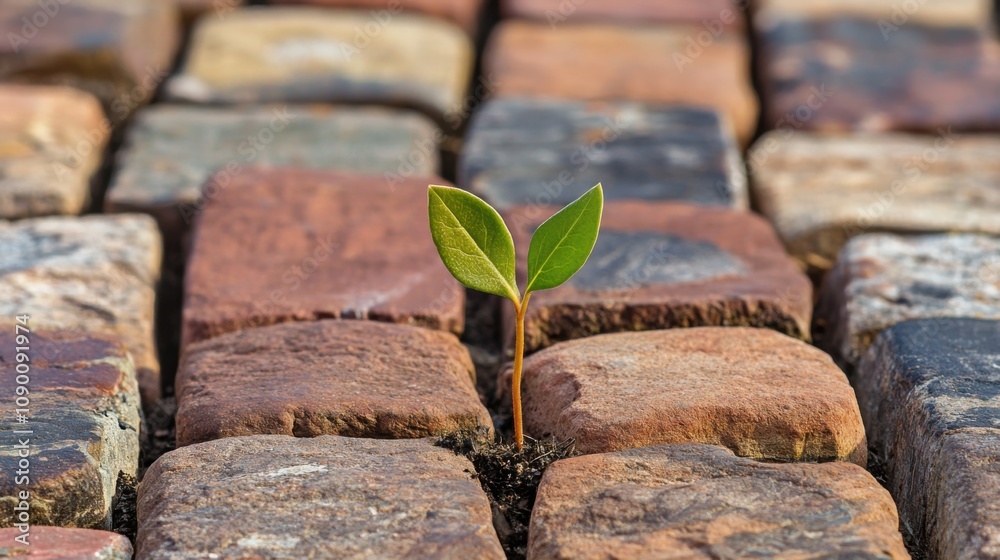 Poster A lone seedling growing from a crack in a diverse array of bricks, symbolizing hope and growth amidst diversity, minimalist composition