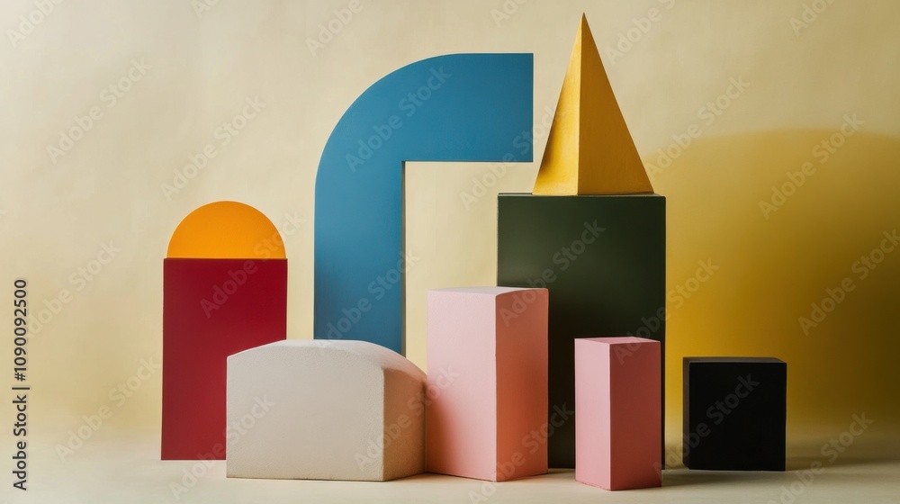 Poster a minimalist arrangement of diverse geometric shapes in various colors, reflecting the concept of in