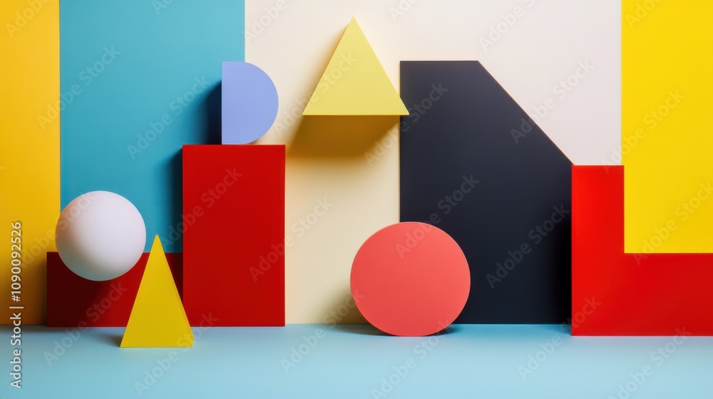 Poster a minimalist arrangement of diverse geometric shapes in various colors, reflecting the concept of in